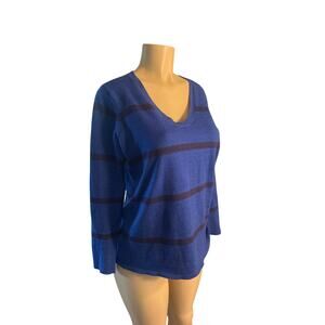 S Eileen Fisher Blue Stripe Sweater Top Scoop Neck Pullover 100% Merino Wool